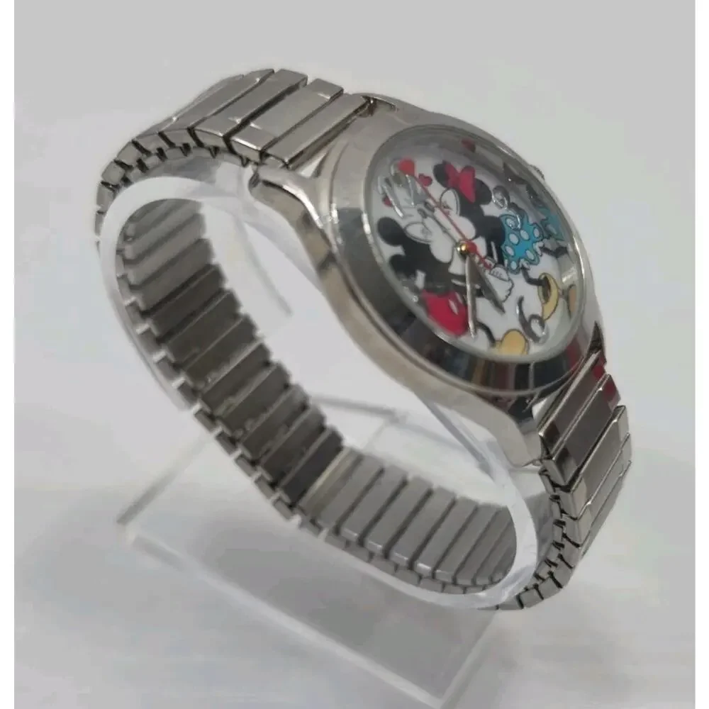 Disney Mickey & Minnie Mouse Kissing Silver Tone Stretch Band Watch New Battery